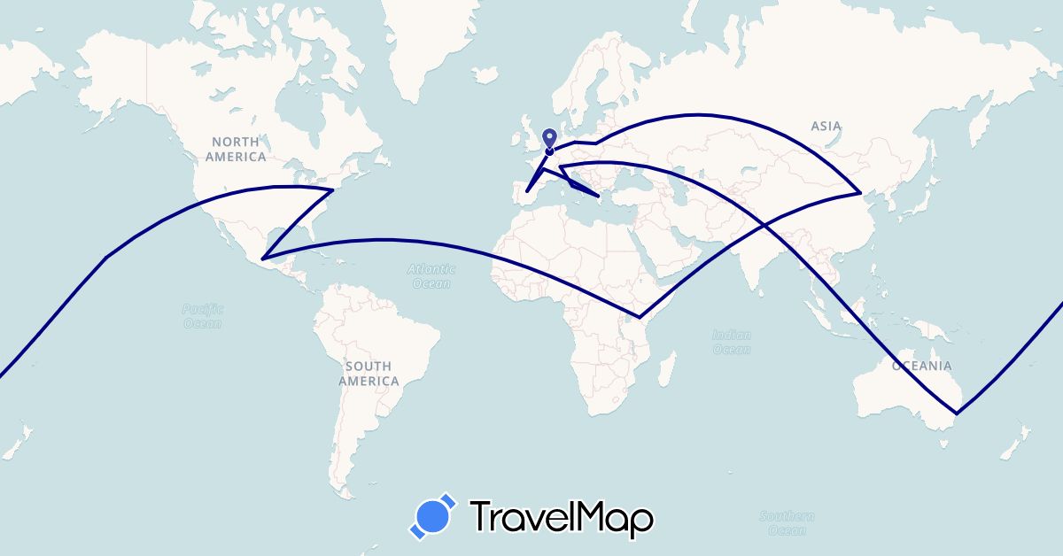 TravelMap itinerary: driving in Australia, Belgium, Switzerland, China, Germany, Spain, France, Greece, Italy, Kenya, Mexico, Poland, United States (Africa, Asia, Europe, North America, Oceania)